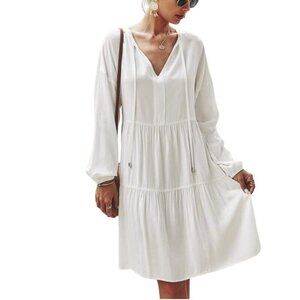 White Flowy Tiered Dress With girls Ruffle Hem & Long Sleeves Size 14